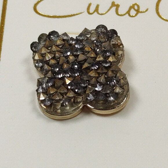 Four-Leaf Clover Stud Earrings Iridescent Rhinestone Gradient Bronze Tone Metal - Picture 7 of 9